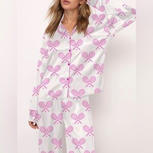 Women's White and Pink Tennis Print Pajama Set size medium